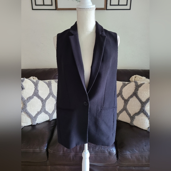 EXPRESS Black Sleeveless Mid Length Collared Vest Women's Size S Classic - Picture 3 of 11